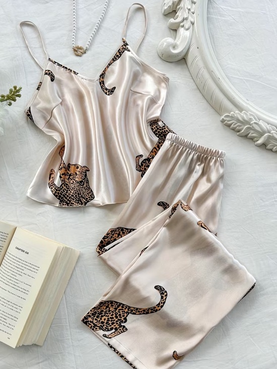 Other - Silky Leopard Print Cami & Pants Pajama Set - Cream